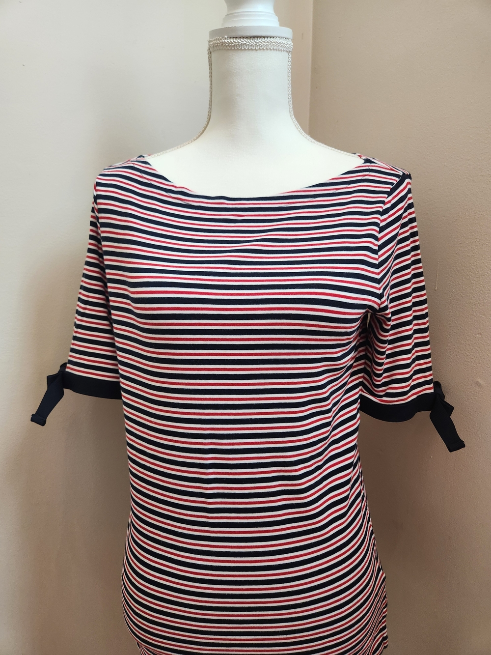 Lauren Ralph Lauren Navy, White & Red Striped Boatneck Tee with Sleeve Ties